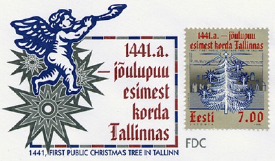 Decorative corner of the first day of issue envelope along with one of the 1999 Estonian Christmas stamps commemorating the first public Christmas tree in Tallinn in 1441.
 - pics/2004/8638_1.jpg