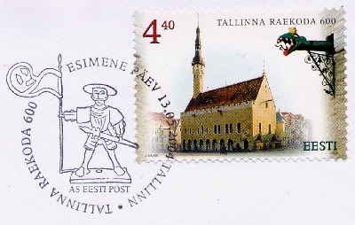 13. mail väljastati Tallinna Raekoja 600. aastapäeva tähistav mark, mille kujundas Jaan Saar. Eraldi on ära toodud näide ühest hoone peafassaadil paiknevast lohepeakujulisest VEESÜLITIst. Need pärinevad aastast 1627 - pics/2004/LIPPRIINA1.jpg