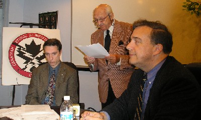Photo caption: Tom Freda of Citizens for a Canadian Republic, Ben Viccari,<br> and John Aimers of the Monarchist League of Canada during the CEJWC hosted<br> monarchy debate.<br> Photo: Adu Raudkivi - pics/2005/11496_2.jpg