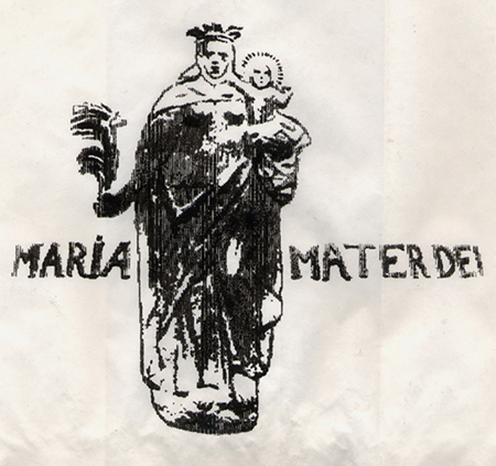 This image and text (Maria, Mother of God) adorns the church bell atop the tower of Tallinn’s Toomkirik. Artist Kadi Pajupuu has printed this on paper bags used for packaging pendants made of copper weathered on the same church’s roof and steeple.      - pics/2005/11924_2.jpg