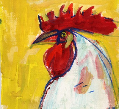 One of Tallinn artist Marju Bormeister’s rooster portraits entitled Aga teie! / And you?... watercolour, 2004. Marju was born in the year of the rooster 1945. Her father was Estonia’s master of landscape painting Märt Bormeister (1916-1991).  - pics/2005/9050_1.jpg