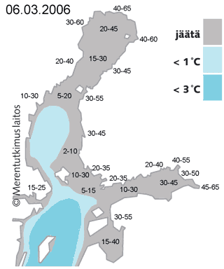 Baltic Sea ice situation and surface water temperature on March 6, 2006. Source: Finnish Institute of Marine Research Ice Service (<a href=