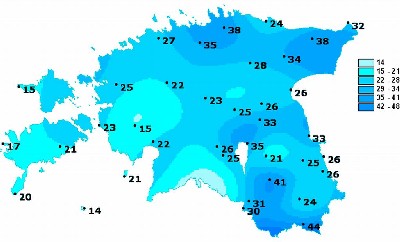 Snow depths in Estonia on March 8, 2006. Source: Eesti Meteoroloogia ja Hüdroloogia Instituut (<a href=